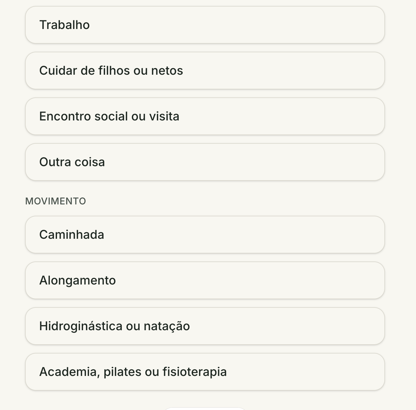 Tela real do aplicativo: lista de atividades do dia, com o grupo Movimento