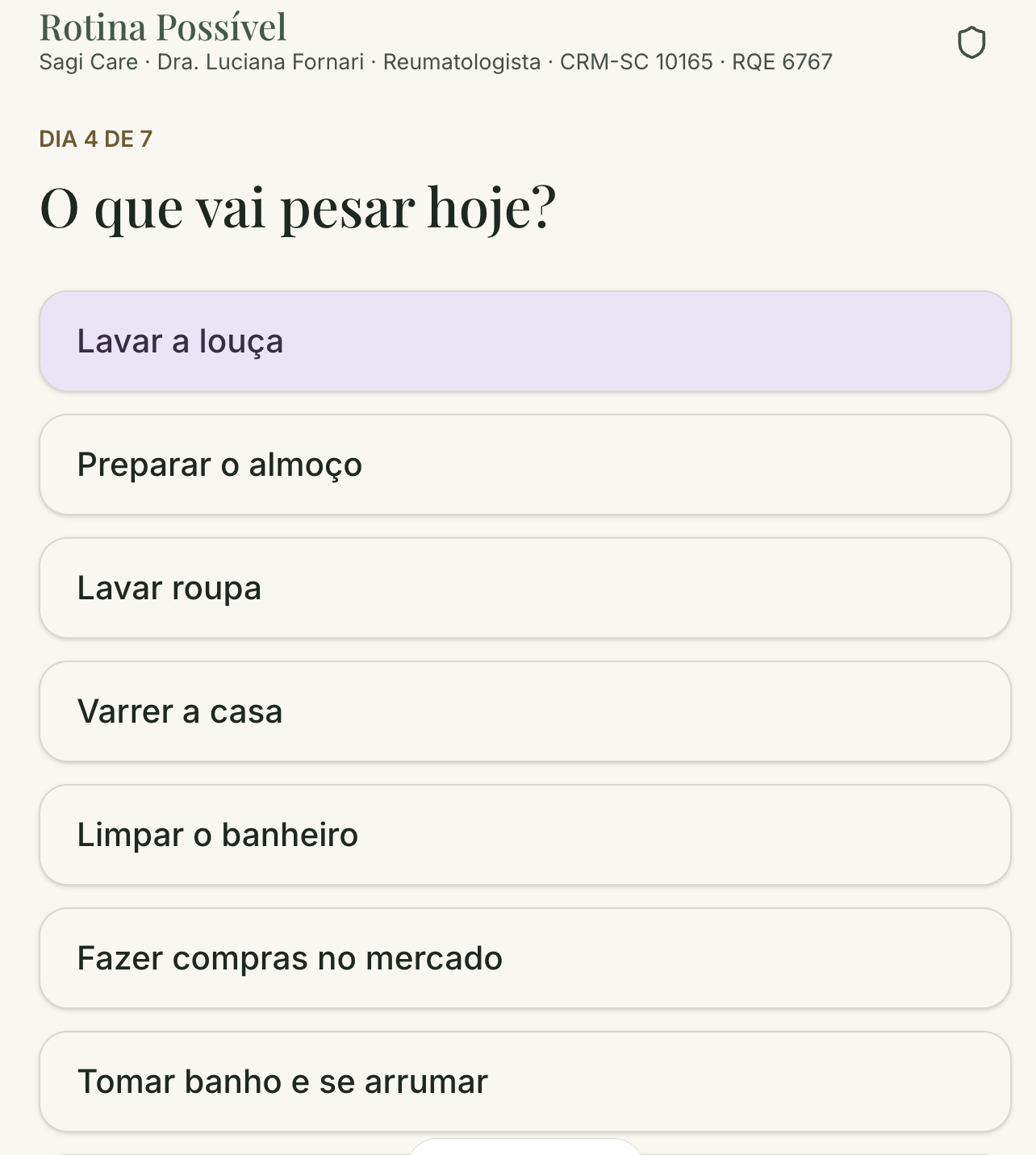 Tela real do aplicativo: escolha do que vai pesar hoje